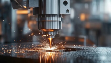 A close-up shot of an advanced machine in action, with visible sparks and light reflections on the metal surface as it screws out a small hole from its head