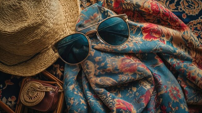 A flat lay of vintage sunglasses and scarves, exuding retro vibes