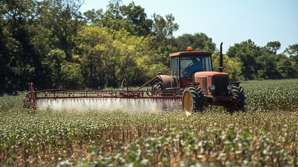 Fototapeta premium pesticides, sprayed, tractor, soybean, field, agriculture, farming, crops, farmland, machinery, spray, mist, rural, cultivation, agribusiness, harvest, food production, plant protection, farmland, eco