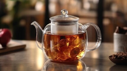 Clear glass teapot with loose leaf tea inside,  on a table with out of focus background.