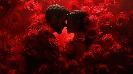 Romantic couple embracing behind vibrant red rose bouquet