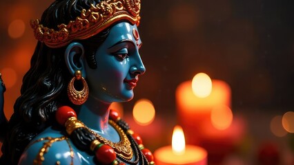 Obraz premium A serene statue of Lord Krishna, adorned with jewels, stands against a softly lit background. Krishna Janmashtami, Vishu Kani, Govardhan Puja. Birthday of Krishna. Concept of Vishnu