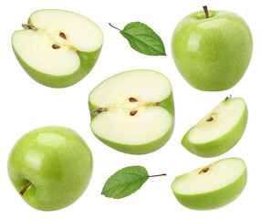 green apple, slice, half and leaf isolated, transparent PNG, collection, PNG format