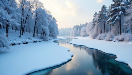 Frozen river with a layer of thick ice and snow-covered trees on the banks, water, snowy, morning