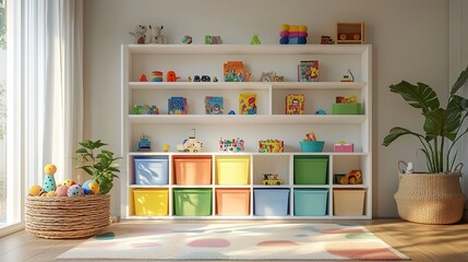 A large white wall with shelves filled with colorful plastic storage boxes, children's toys and books scattered around the room