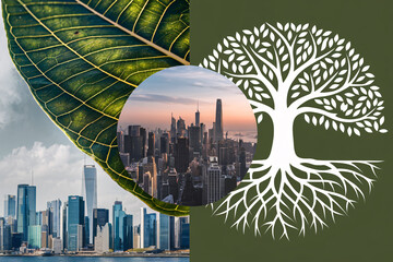 Nature Meets Metropolis. A contemporary collage featuring a macro leaf, a cityscape skyline sunset framed in a circle, and a stylized tree silhouette.