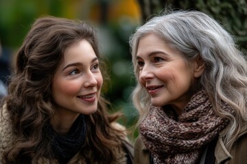 Fototapeta premium A heartwarming image depicting an elderly woman's joyful interaction with a compassionate caregiver, showcasing their friendly connection and the empathy shared between them The elderly woman's