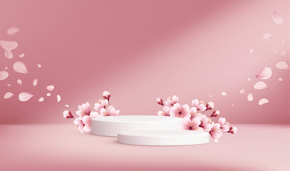 Realistic Product Podium and Cherry Blossom Flowers on Pink Studio Room Background. Vector Illustration