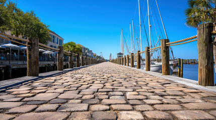 Fototapeta premium Scenic Old Town Pier with Elegant Sailboats and Vibrant Blue Sky