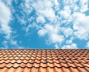 Blue sky with white clouds and red tile roof top view background, copy space concept. Stock photo with 2/3 space for text. --ar 16:13 --v 6.1 Job ID: 7ac8a7fe-a9a5-4e70-af5b-32e6f7160e13