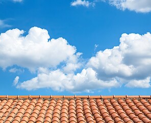 Blue sky with white clouds and red tile roof top view background, copy space concept. Stock photo with 2/3 space for text. --ar 16:13 --v 6.1 Job ID: 482e0b02-2577-4ed2-9304-ba72a0fd435e