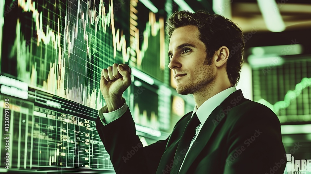 Poster stockbroker analyzing graphs on multiple computer screens in office