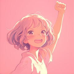 A vibrant anime-style illustration of a cheerful young girl with a bright smile and a confident pose. School girl raising her fist up in the air. Soft and radiant colors.