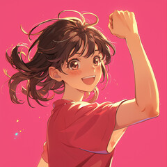 A vibrant anime-style illustration of a cheerful young girl with a bright smile and a confident pose. School girl raising her fist up in the air. Soft and radiant colors.