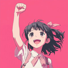 A vibrant anime-style illustration of a cheerful young girl with a bright smile and a confident pose. School girl raising her fist up in the air. Soft and radiant colors.