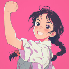 A vibrant anime-style illustration of a cheerful young girl with a bright smile and a confident pose. School girl raising her fist up in the air. Soft and radiant colors.