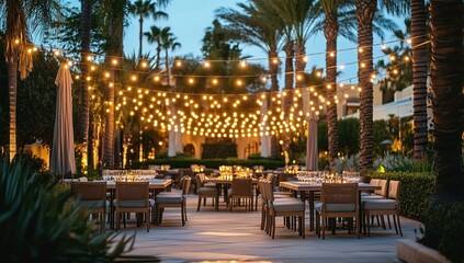 A stunning outdoor dining area at The Ritz-Carlton in San Diego, California, with string lights and comfortable seating areas. 