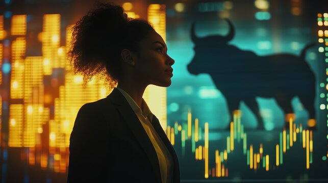 Stockbroker watching bull market trend on multiple screens in office at night