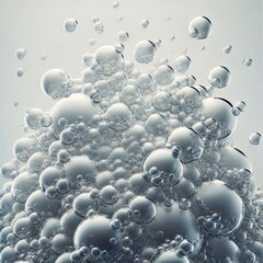 A close-up of numerous translucent bubbles of varying sizes that appear to be floating in a clear liquid.
