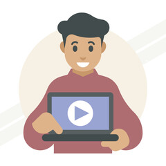 Man turning on a video on a laptop