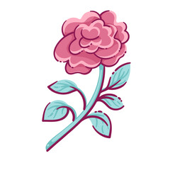 Cute cartoon red rose flower on stem with leaves. Funny summer pink blossom of romantic floral gift. Valentines day, romance mascot, cartoon branch of flower as love present vector illustration