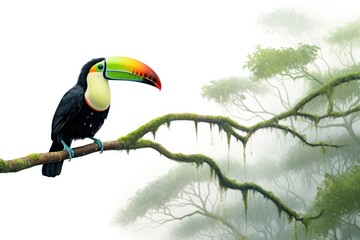 Fototapeta premium Toucan perched on a tree branch with vibrant green foliage and misty rainforest in the background
