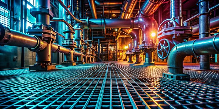 Low Light Industrial Gas System Steel Grating Room Stock Photo