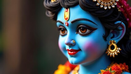 A detailed close-up of Krishna with blue skin and ornate golden jewelry, embodying divine beauty.
Concept of hindu deity. Birthday of Krishna. Concept of Vishnu