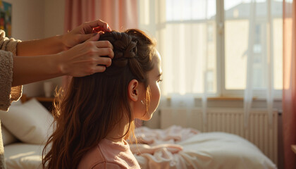 Naklejka premium Woman braiding hair in a sunlit bedroom. 