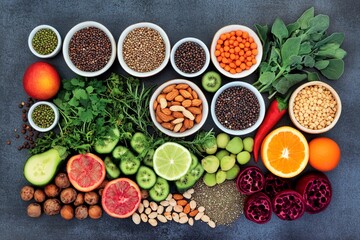 Colorful display of fresh produce and nuts on a rustic surface during a culinary preparation