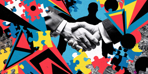 Trendy Business Partnership Collage. A striking collage featuring a close-up of a handshake in black and white against a backdrop of vibrant, abstract shapes and patterns.

