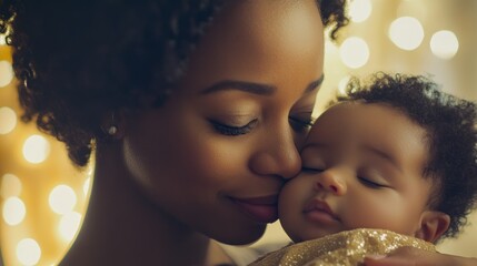 Naklejka premium Loving mother gently kissing her sleeping baby.