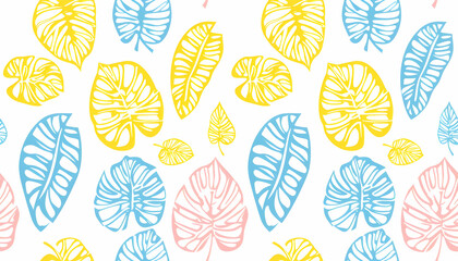 A colorful pattern of tropical leaves in pastel shades on a white background.