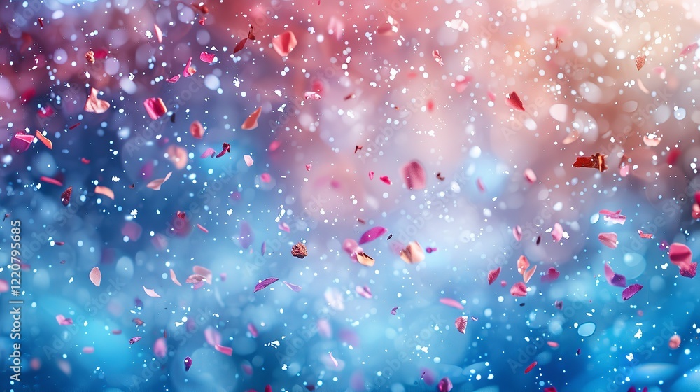 Poster a detailed view of joyful confetti snowflakes falling from the sky in watercolor including subtle li
