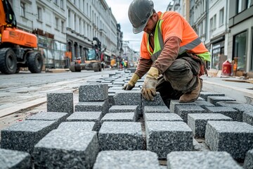 Skilled workers lay stones on a bustling city street during a sunny afternoon