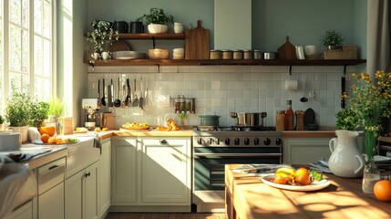 Cozy morning kitchen with sunlight and breakfast for a happy couple