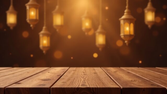A wooden table is set against a background of blurred, glowing arabic lanterns and bokeh. Ramadan display. Muslim holy month Ramadan Kareem concept. Eid al-Fitr