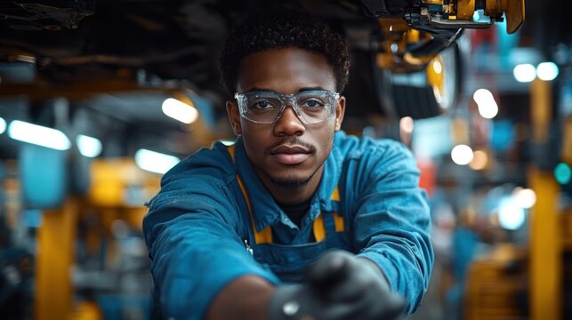 A focused young African-American mechanic works under a car, his serious expression reflecting his concentration on the task.