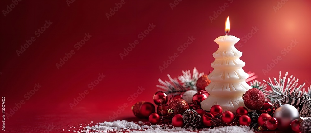 Poster an up-close view golden christmas objects pine departs and a white candle light in the shape of a ch