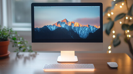 Modern computer desktop with mountain scenery displayed on screen, warm lighting, home office setup.