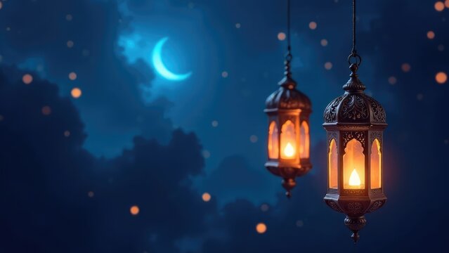 Hanging decorative arabic lanterns glow against a night sky with a crescent moon and bokeh. Ramadan night. Muslim holy month Ramadan Kareem concept. Eid al-Fitr