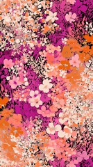 Fototapeta premium Pink and orange flowers and leaves pattern illustration poster background