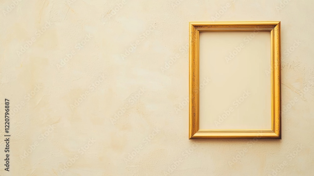 Poster minimalist gold frame on textured white background with empty space for art