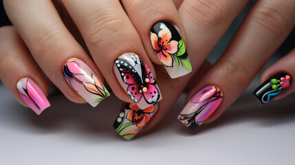 Intricate Floral and Butterfly Nail Art Design