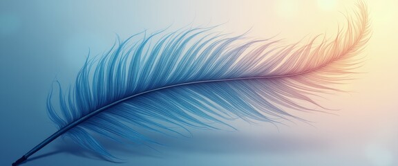 Fototapeta premium A stunning blue feather elegantly rests on a smooth gradient background, transitioning from soft blue to warm orange hues. This ethereal image captures the essence of lightness and tranquility