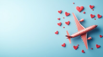 Travel gift voucher design with toy airplane and heart shapes for romantic getaways