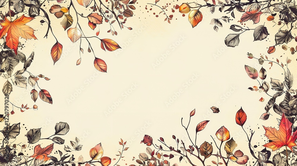Poster autumnal artwork over a pale beige setting with a rectangle border frame encompassing birch branches
