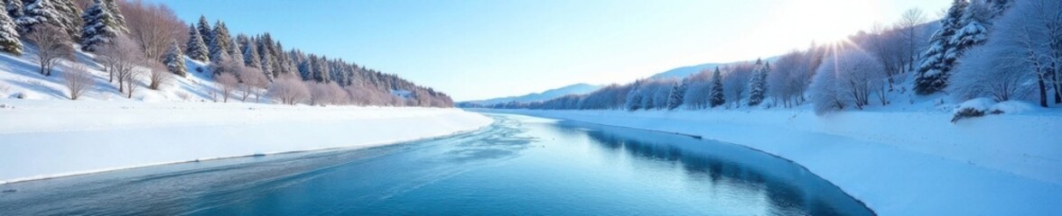 Fototapeta premium Frozen river with snow-covered banks and a clear blue sky, snowy scenery, winter scene, clear sky