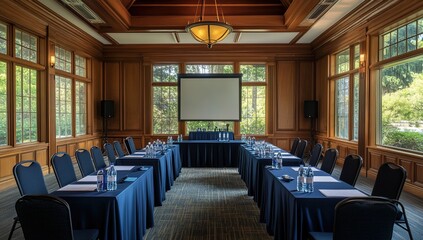 Fototapeta premium The grandeur of the inn's conference room is captured in an elegant setting, featuring large windows that frame the greenery outside and exude sophistication with its polished wood paneling