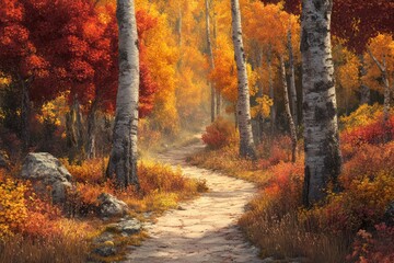 Obraz premium A rustic path winding through an enchanted forest of towering trees adorned in shades of orange, red, and yellow